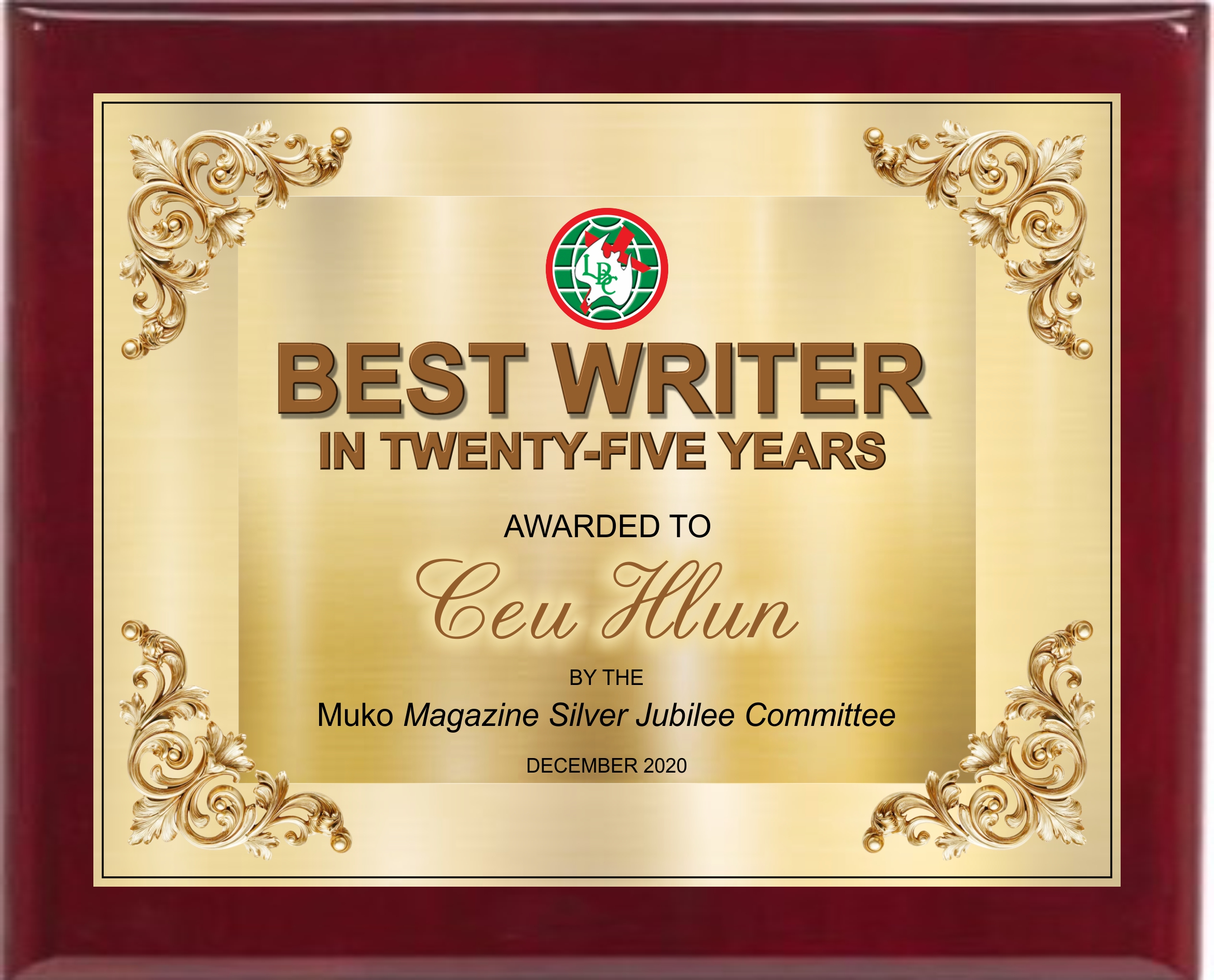 Best Writer plaque 2025
